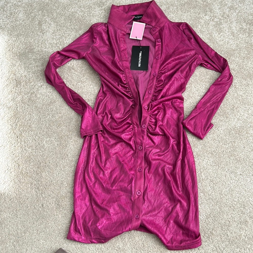 Metallic ruched shirt dress